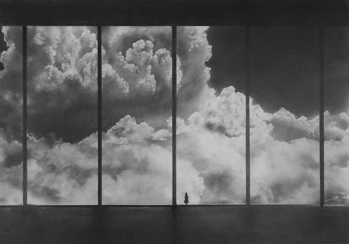 Breathe — a solitary figure beneath monumental clouds and architectural walls