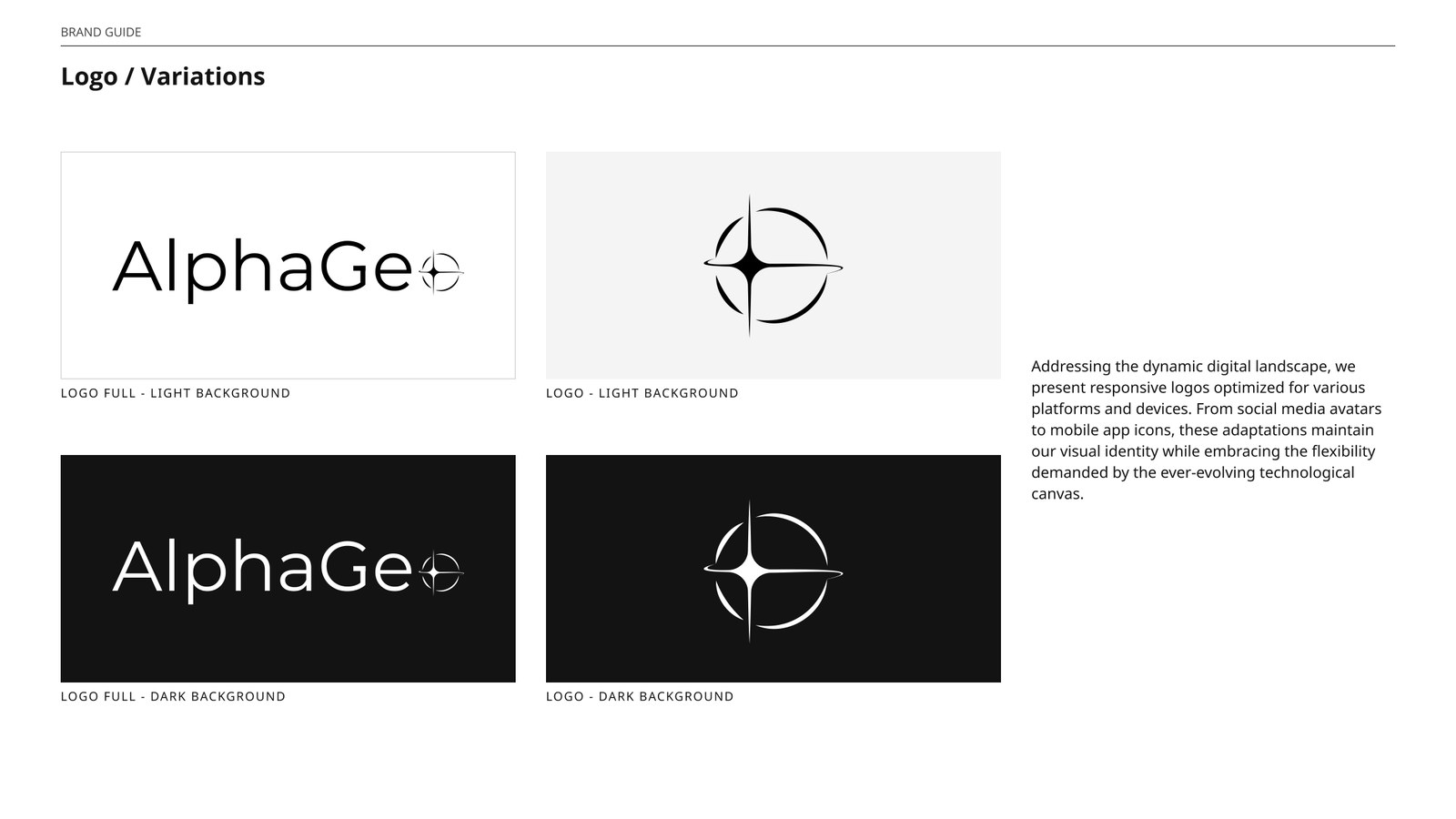 AlphaGeo brand guidelines — logo variations across light and dark backgrounds