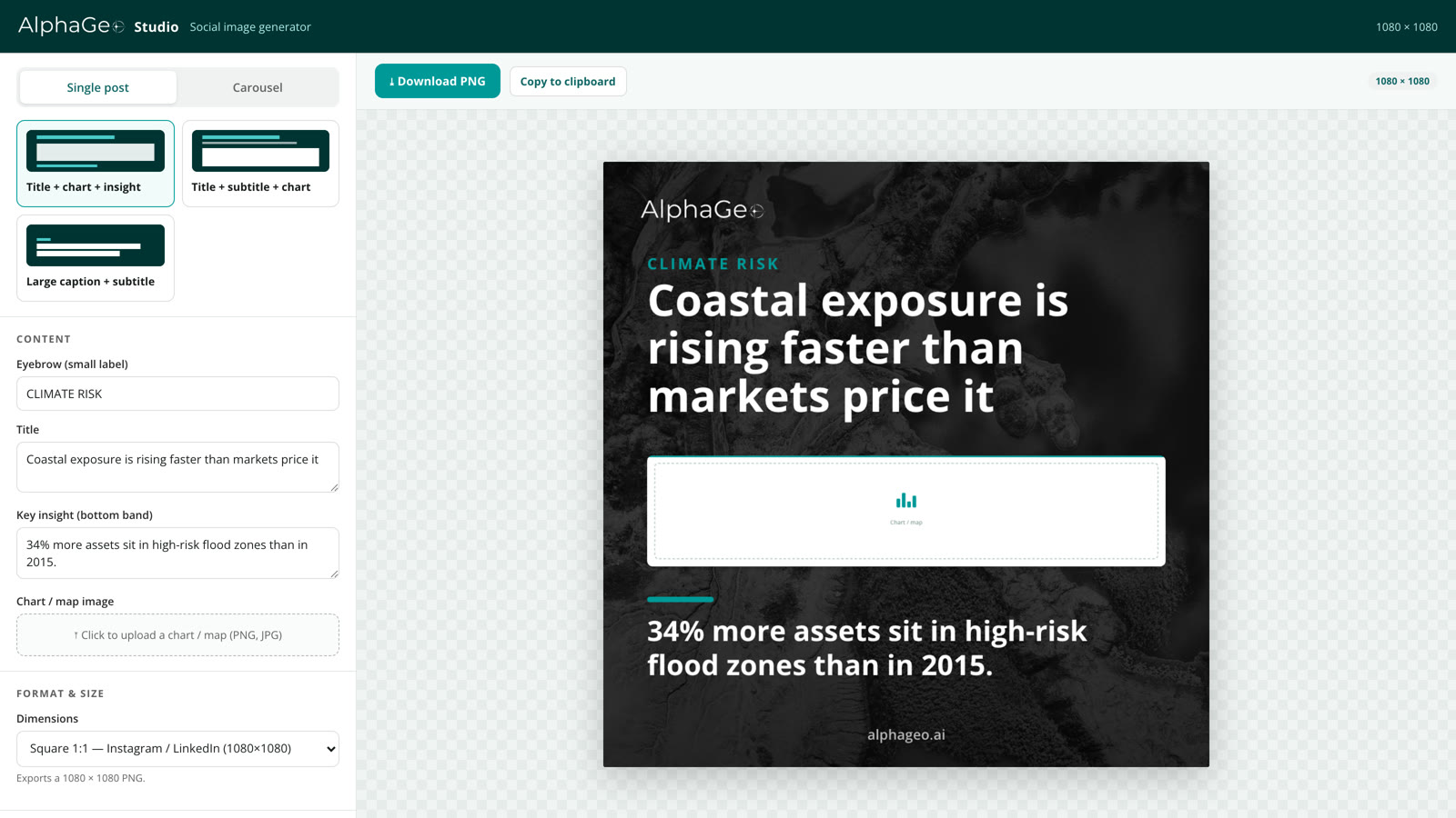 AlphaGeo Studio — social image generator with templates, content fields, and a live branded preview