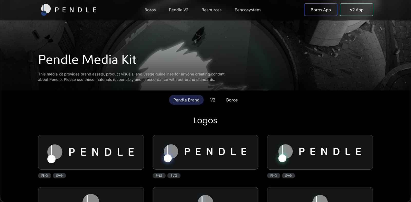 Pendle Media Kit — logos, typography, and color system Boros builds on